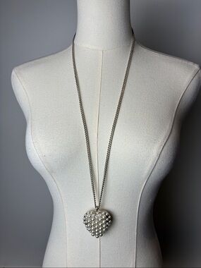 Faux Pearl Heart Pendant Long Necklace - Silver Tone